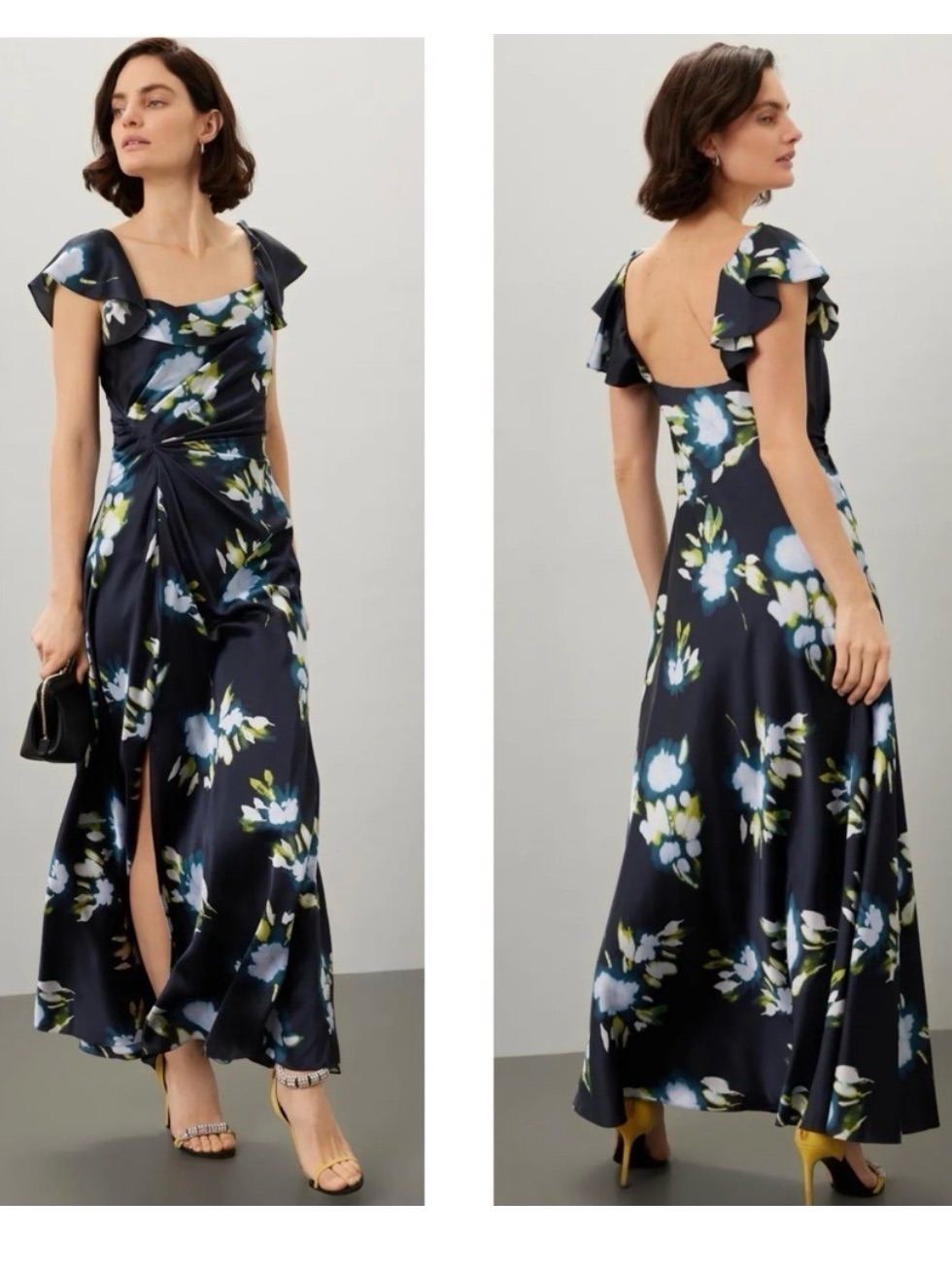 Tanya Taylor Navy Floral Maxi Dress With Flutter Sleeves Size 6 C8